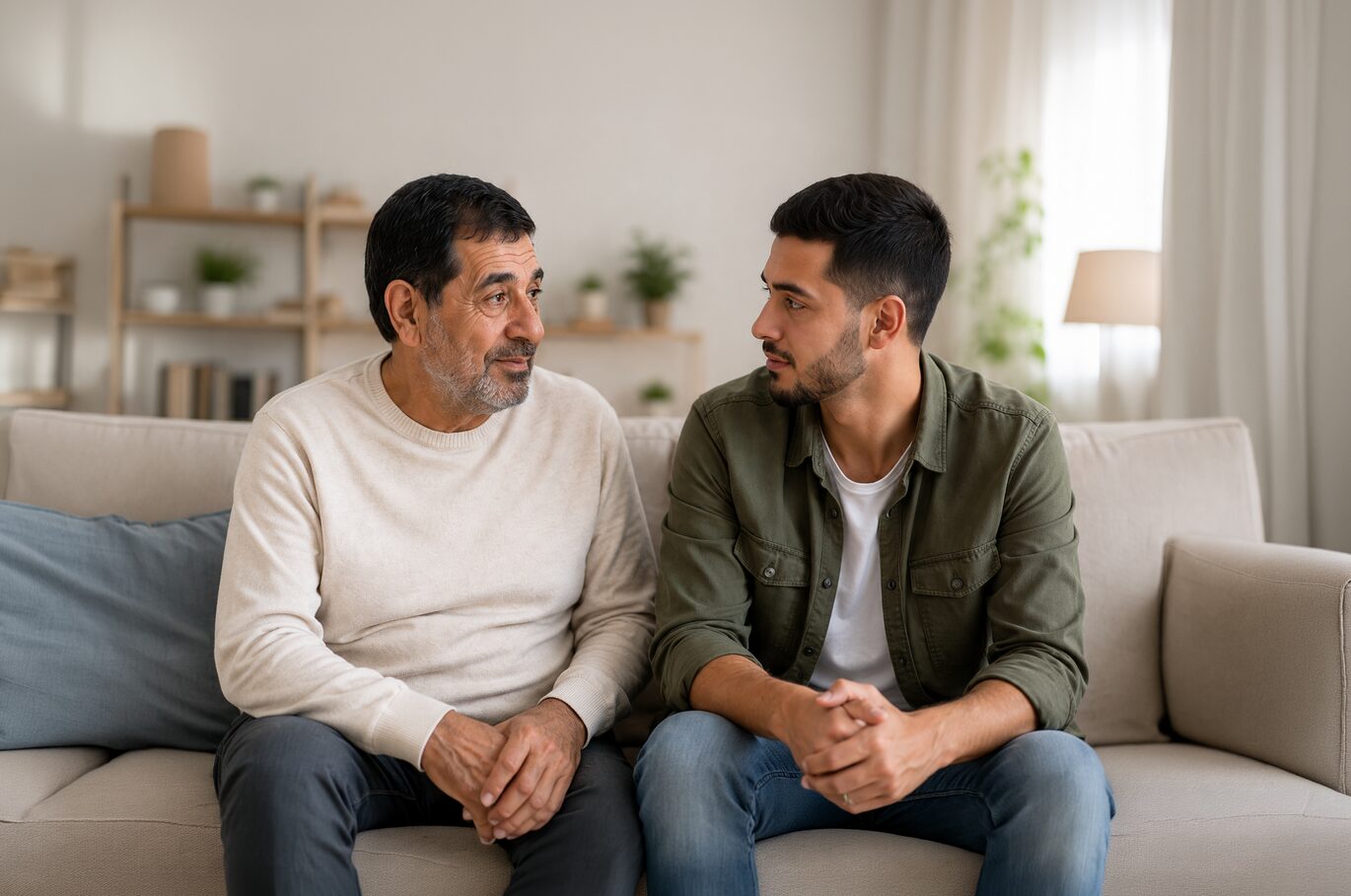 أب وابنه يتحدثان على الأريكة